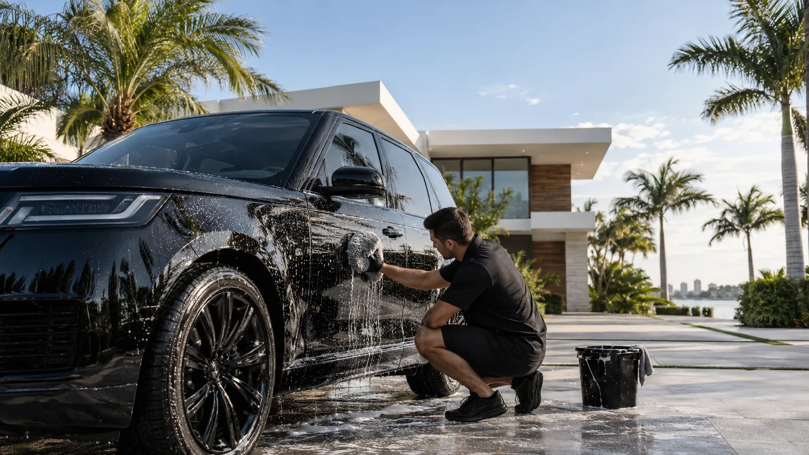 Professional washing an SUV at a home in Kendall, FL
